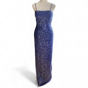 Vintage‎ Scala Beaded Fringe Maxi Gown Dress Blue Sequins Art Deco Old Hollywood
